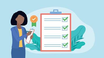 A businesswoman fills out a survey. All checkmarks are correct, marked in green. There is a medal icon above the notebook. Flat design. vector