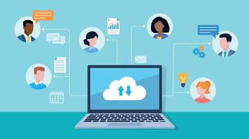 Laptop with a cloud connection icon on the screen. Around the laptop are employee avatars. Next to them are icons of light bulbs, gears, conversation, document, calendar. Flat design. vector