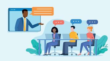 Conference in the office. Employees sit at a table, laptops in front of them. A supervisor appears on the screen next to the desk. There are conversation bubbles next to the characters. vector