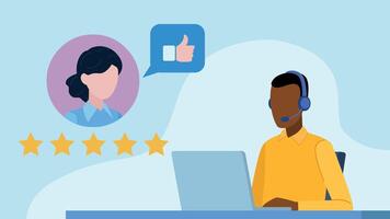 A tech support worker sits at a desk, working on a laptop. He is being rated by a customer. The customer gives five stars and a thumbs up. Flat design. vector