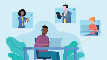 An employee sits at a desk, works on a laptop and conducts a conference with colleagues. The three characters are located in the application tiles. Graphics in flat style vector