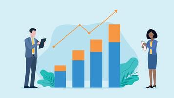 Business people stand by a bar graph. The man is holding a tablet and the woman is taking notes. The graph shows growth. Above the graph is a development and profit arrow. Flat design. vector