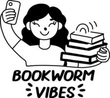 A glyph sticker of a character taking selfie with books with bookworm vibes typography vector