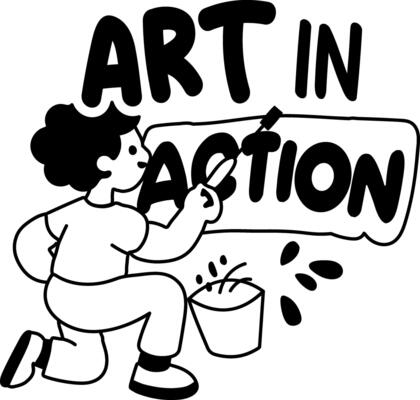 A glyph sticker of an artist writing art in action with a paint brush
