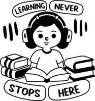 A glyph sticker of a bibliophile character with learning never stop here typography vector