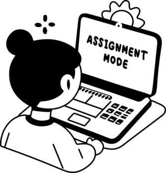 A glyph sticker of a student working on laptop with assignment mode typography vector