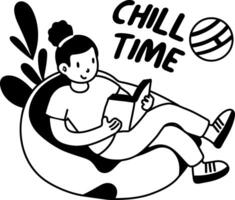 A glyph sticker of a character reading book with chill time typography vector