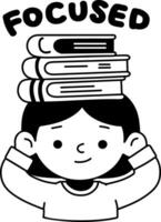 A glyph sticker of a student carrying books on his head with focused typography vector