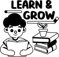 A glyph sticker of a character reading a book with learn grow typography vector