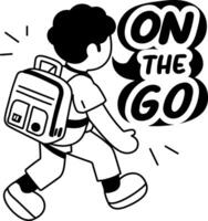 A glyph sticker of a student going school with on the go typography vector
