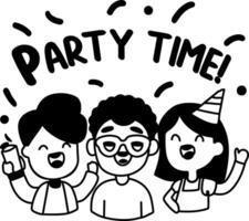 A glyph sticker of excited characters with party time typography vector