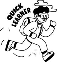 A glyph sticker of a running student with quick learner typography vector
