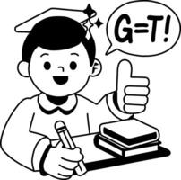 A glyph sticker of a student wearing graduation cap doing study vector