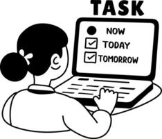 A glyph sticker of a character checking her task list on laptop vector