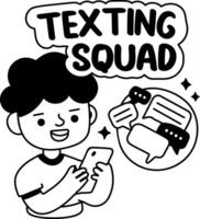 A glyph sticker of a character chatting on a mobile phone with texting squad typography vector