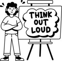 A glyph sticker of a character standing near a board written think out loud on it vector