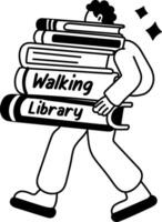 A glyph sticker of a character holding of books with walking library text vector