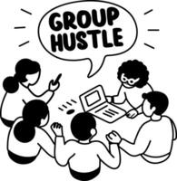 A glyph sticker of characters working together with group hustle typography vector