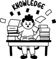 A glyph sticker of a student reading books with knowledge typography vector