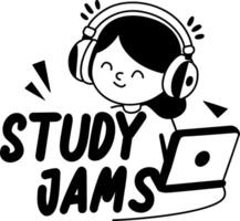 A glyph sticker of a character listening music with study jams typography vector