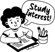 A glyph sticker of a writing character with study interest typography vector