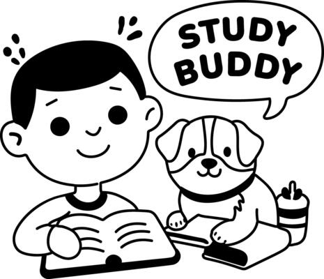 A glyph sticker of a character reading book with his pet with study buddy typography