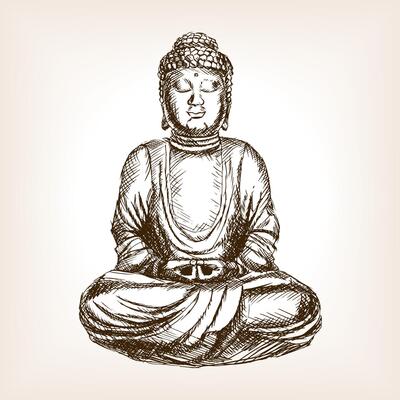 Buddha statue sketch style illustration. Old engraving imitation. Moai easter island landmark hand drawn sketch imitation