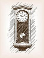 Old clock with pendulum sketch style illustration. Old engraving imitation. Old clock hand drawn sketch imitation vector