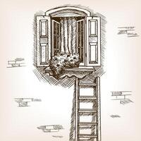 Open window and ladder near house sketch style illustration. Old engraving imitation. Open window in house wall hand drawn sketch imitation vector