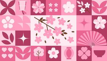 Flat illustration with a sakura blossom pattern. Pink geometric and floral elements inspired by Japanese Hanami. Modern geometric seamless pattern. concept minimalist design vector