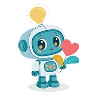 A cute robot with a glowing light bulb, holding a heart-shaped flower in a modern flat style, symbolizing innovation, kindness, and technology with a human touch. vector