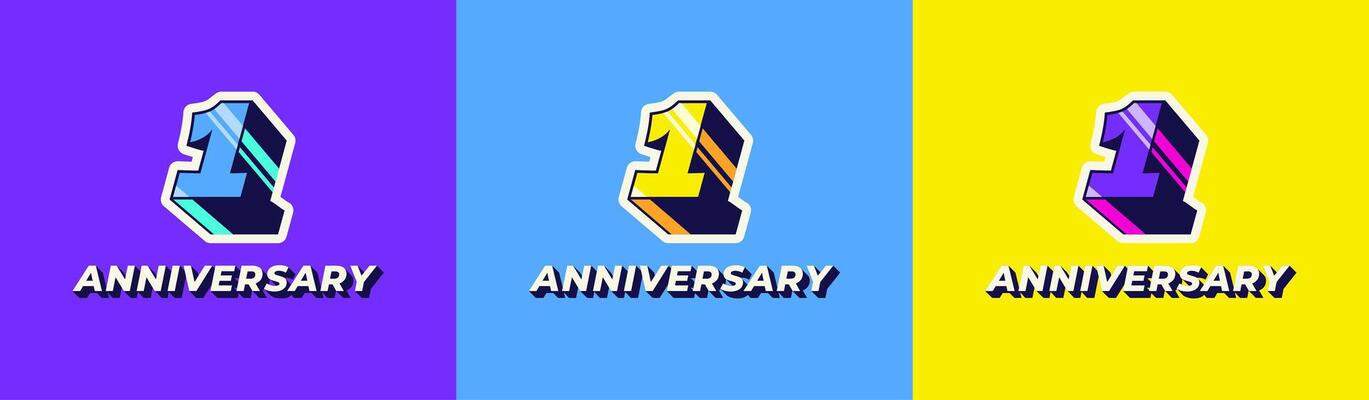 Logo 3D Retro Long Shadow Colorful 1st, 1st Happy Anniversary in Colorful 3D Retro with long shadow and Glossy effect. Modern and Old concept.