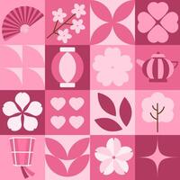 Japanese pattern with sakura flowers. Pink geometric and floral elements inspired by Japanese Hanami. Modern geometric seamless pattern. concept minimalist design vector