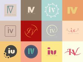 IV logo company template. Letter i and v logotype. Set different classic serif lettering and modern bold text with design elements. Initial font typography. vector