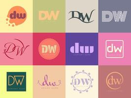DW logo company template. Letter d and w logotype. Set different classic serif lettering and modern bold text with design elements. Initial font typography. vector