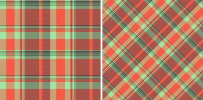 Vibrant coral and mint green plaid patterns. Two seamless designs one classic, one diagonal. Ideal for textiles, apparel, web design, and packaging. Perfect for autumn or spring projects. vector
