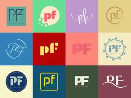 PF logo company template. Letter p and f logotype. Set different classic serif lettering and modern bold text with design elements. Initial font typography. vector
