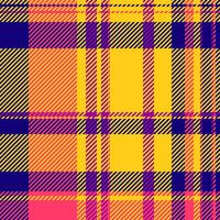 Thin tartan plaid fabric, model seamless textile. Spanish check pattern texture background in yellow and indigo colors. vector