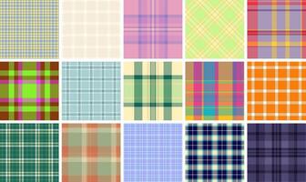 Vibrant collection of 16 seamless plaid patterns. Diverse color palettes textures ideal for fashion, textile design, web backgrounds, more. High-resolution image perfect for print digital projects. vector