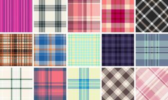 Vibrant collection of 16 diverse plaid patterns. Perfect for textile design, fashion, website backgrounds, and scrapbooking. Stylish and versatile textures in various colors and styles. vector