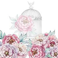Soft pink peonies bloom vibrantly around a graceful birdcage, while a dove rests peacefully on top, creating a tranquil atmosphere. vector
