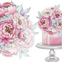 Lush peonies bloom vibrantly in shades of pink and white, elegantly arranged atop a delicate cake stand with soft green foliage. vector