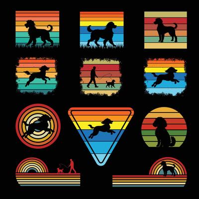 Vintage Sunset Retro Background with Dog Silhouette Bundle