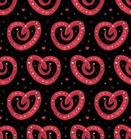 Seamless pattern with red heart shaped snake and abstract Y2K figures on black background. vector