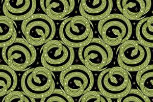 Seamless pattern of green coiled snakes on black background in flat style vector