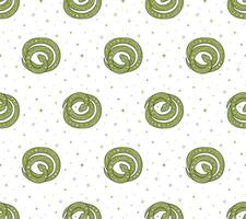 Seamless pattern with green coiled snake and abstract Y2K figures, stars on transparent background. vector
