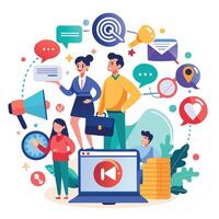 people are standing around a laptop with various icons vector