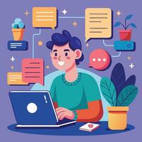 a man is working on his laptop with white background vector