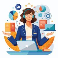 call center agent working on laptop with phone and other devices vector