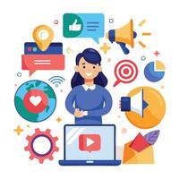 a woman is standing in front of a laptop with social icons around her vector
